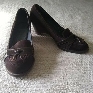 Free with purchase, brown suede heeled loafers